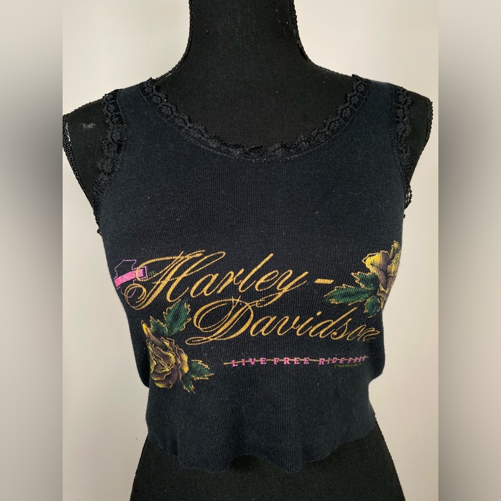Women’s Harley Davidson large Black floral Y2K crop top Live Free Ride Free